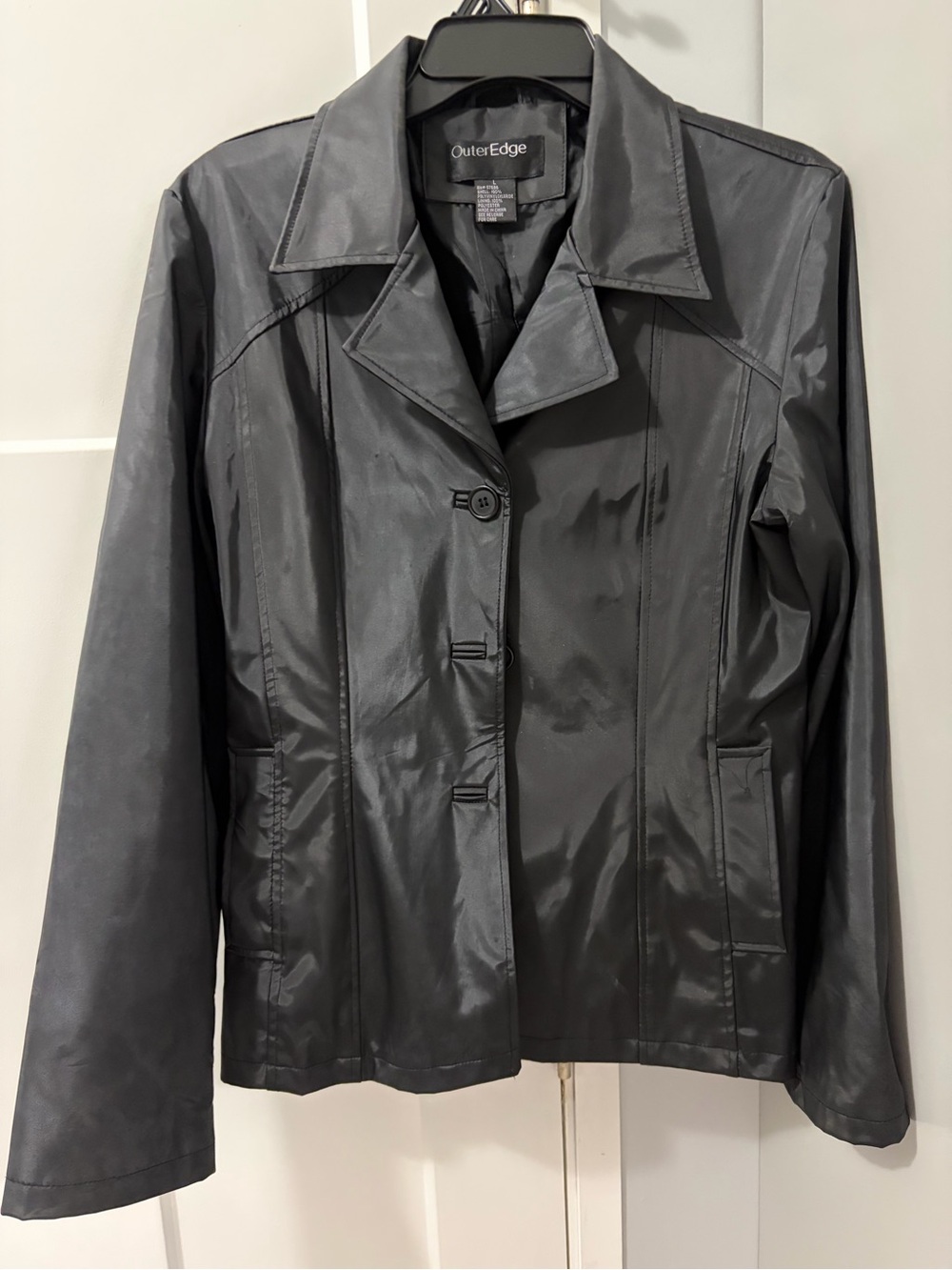 Outer Edge Black Button-Front Faux Leather Jacket
